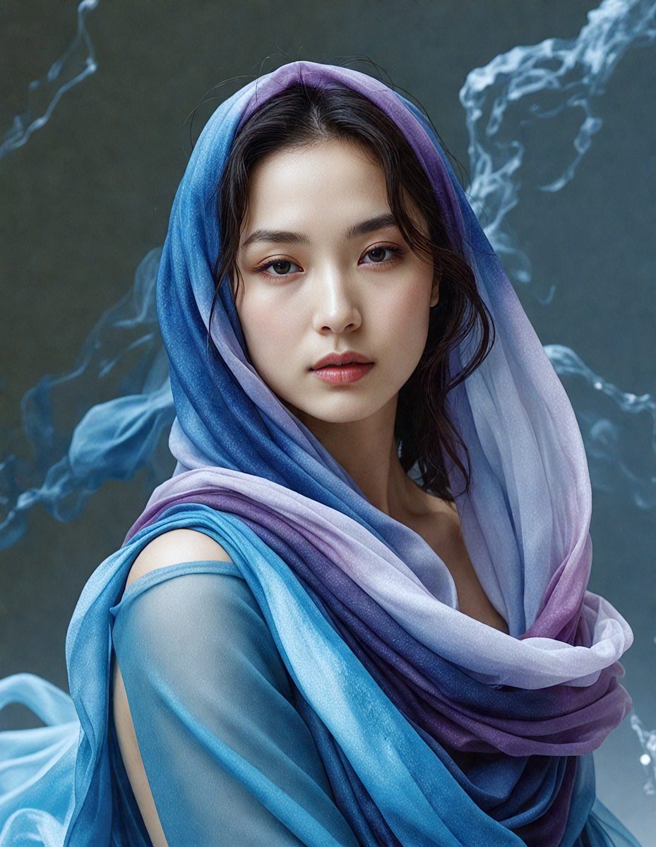 The primary subject of the image is a woman wearing a blue and purple scarf. She is posing for the camera, and her eyes are looking directly at the viewer. The setting is a dark room, and the visual style appears to be a photo. The colors in the image are predominantly blue and purple, creating a calm and serene atmosphere.